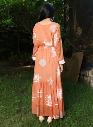 Printed light orange cotton long kurti