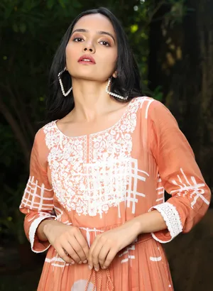 Printed light orange cotton long kurti