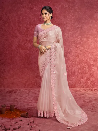 saree dress pink Andaaz Fashion Women's Pale Pink Chiffon Ruffle Pre Draped Saree with Embroidered Blouse for Bridesmaid Wear
