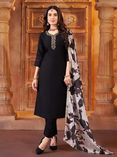 black dress with orange dupatta Black Embroidery on Chiffon & Silk