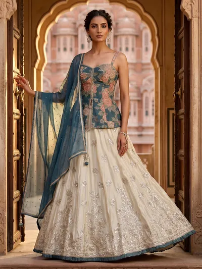 peplum dress with lehenga Teal Velvet Lehenga with Peplum Blouse: Embroidered Indian Wedding Outfit