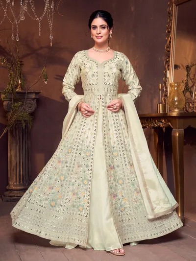 cream color anarkali dress Silk Wedding Anarkali Suit In Cream Color With Resham Work