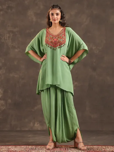 Light green designer kaftan dhoti suit with pearl...