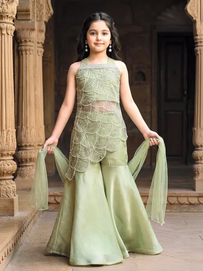 Pista Green Reception Wear Sharara Suit With Dupatta