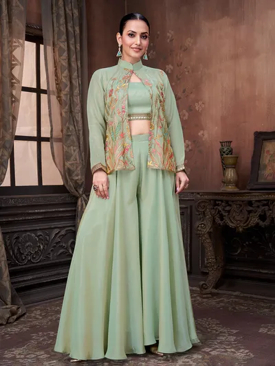 Pista Green Silk Georgette Designer Palazzo Suit Set Pista Green Silk Georgette Designer Palazzo Suit Set