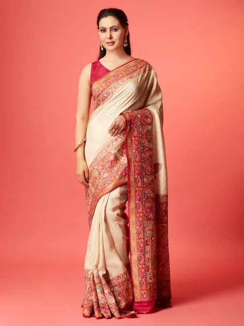 Cream pashmina silk wedding wear saree