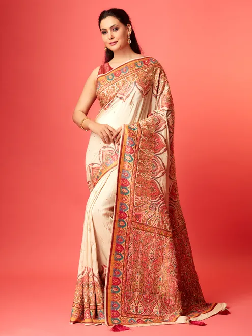 Off-white pashmina silk saree