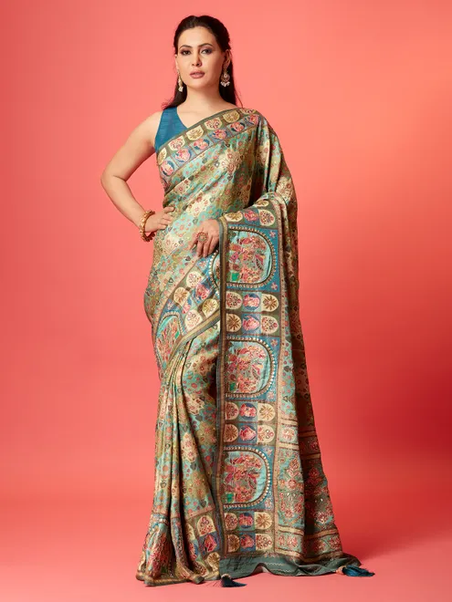 Stylish mint green silk printed saree
