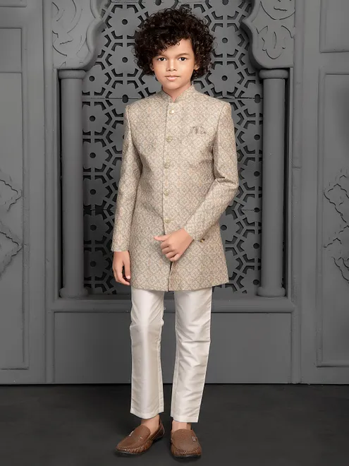 Almond beige aesthetic silk indo western for boys