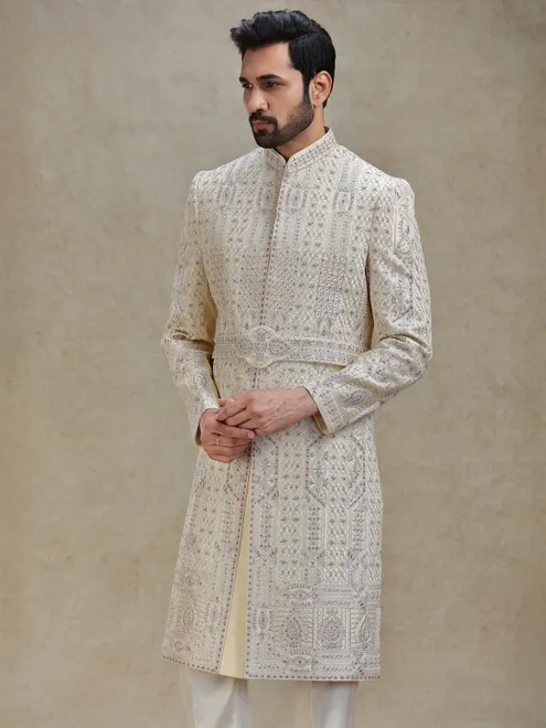 Gold coloured embroideried silk long sherwani