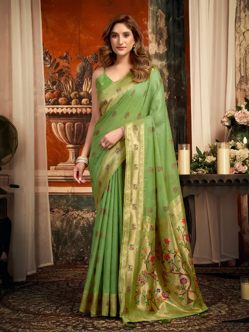 Alluring green festive woven saree