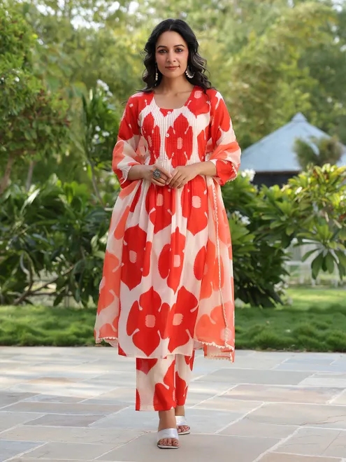 Amazing red and white cotton kurti set