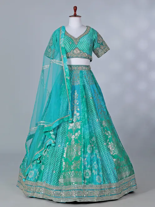 Aqua banarasi silk wedding wear lehenga choli