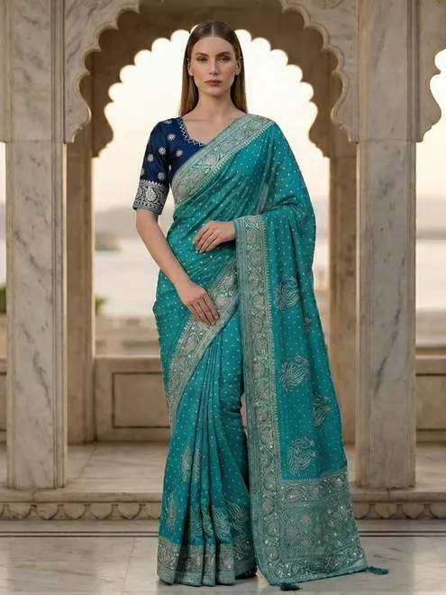 Aqua blue bandhej silk gota and zari occasion saree