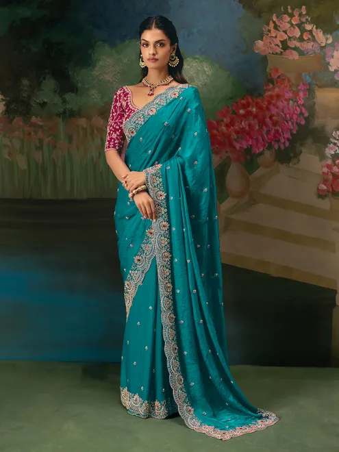 Aqua blue chinon silk saree with contrast blouse