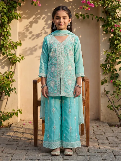 Aqua blue cotton silk palazzo suit with dupatta