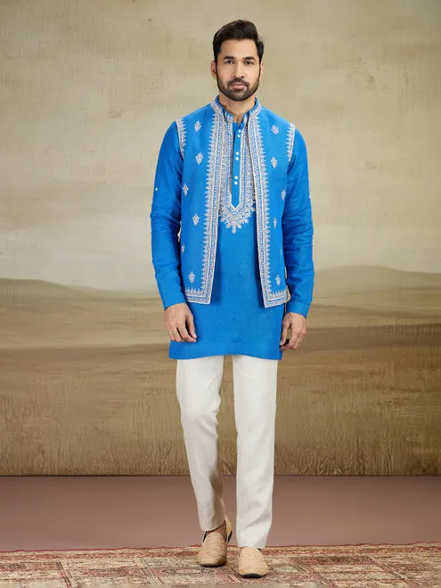 Aqua blue embrodered linen waistcoat set