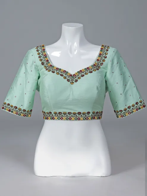 Aqua blue raw silk mirror work blouse