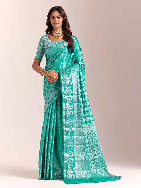 Aqua blue silk saree with zari shine