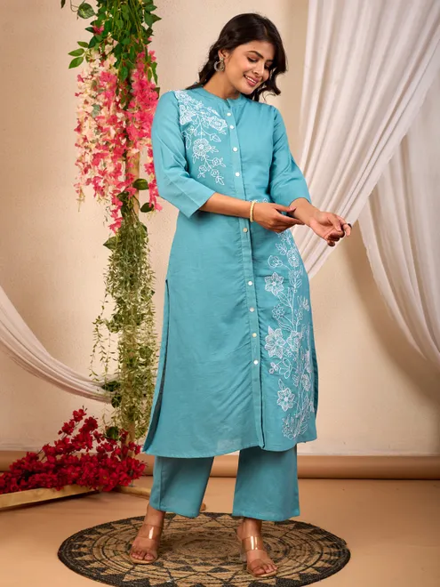 Aqua cotton silk kurti set with thread work