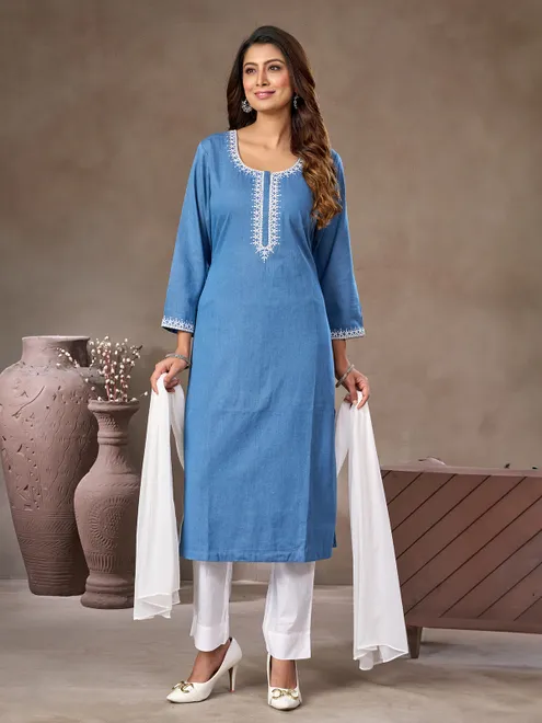 Aqua cotton silk salwar suit with embroidery work