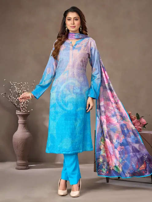 Aqua cotton silk salwar suit with stand collar