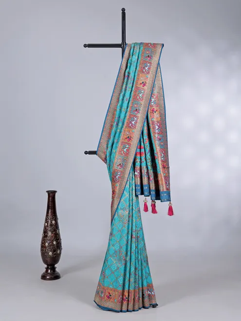 Aqua dola silk saree with colorful motifs