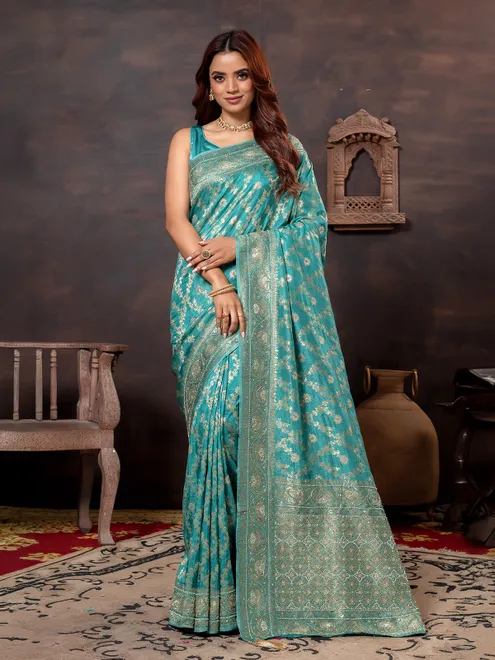 Aqua dola silk saree with cutdana work