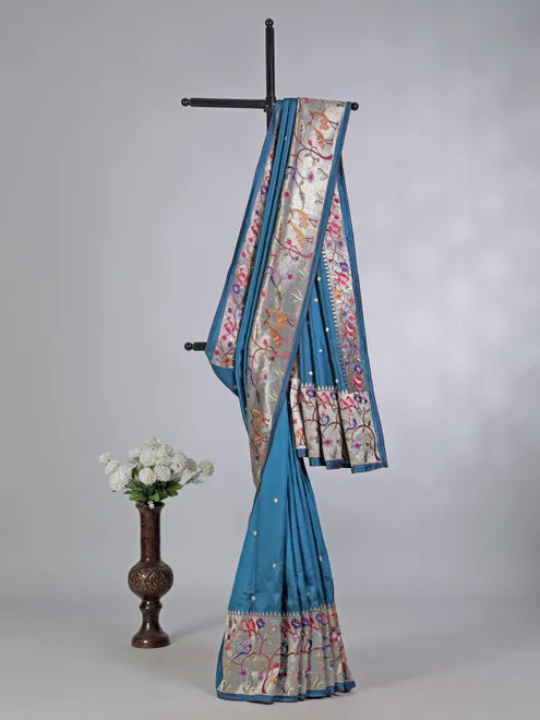Aqua dola silk saree with elegant zari embroidery work