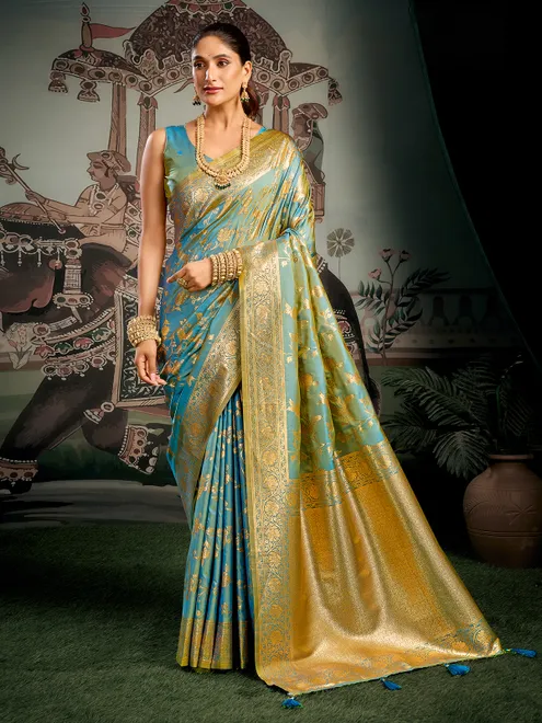 Aqua festive wear silk saree with zari
