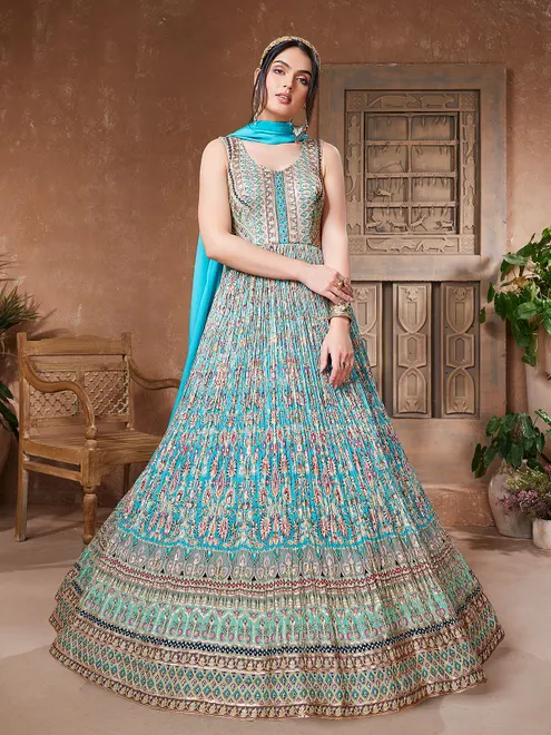 Aqua georgette anarkali suit with dupatta