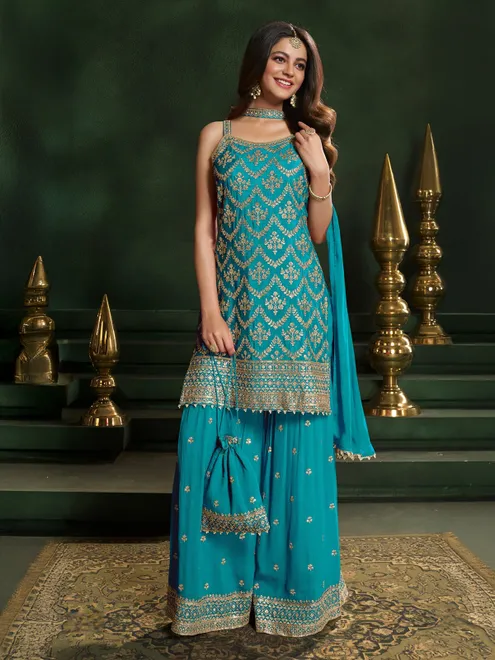 Aqua georgette sleeveless sharara kurti set