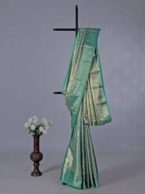 Aqua kanjivaram silk zari weave saree