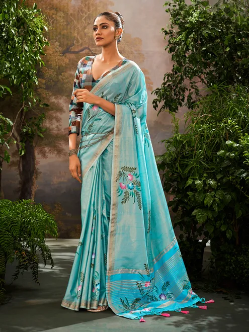 Aqua linen saree with floral print