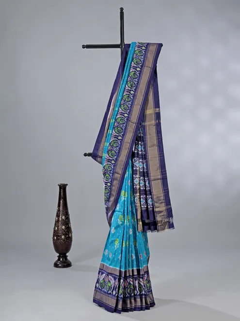 Aqua navy zari weaving patola silk saree for festive