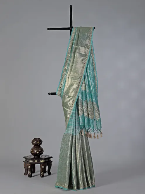 Aqua organza tissue silk saree with luxury detailing