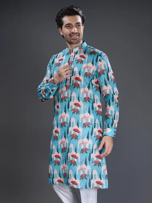 Aqua printed cotton kurta pajama set