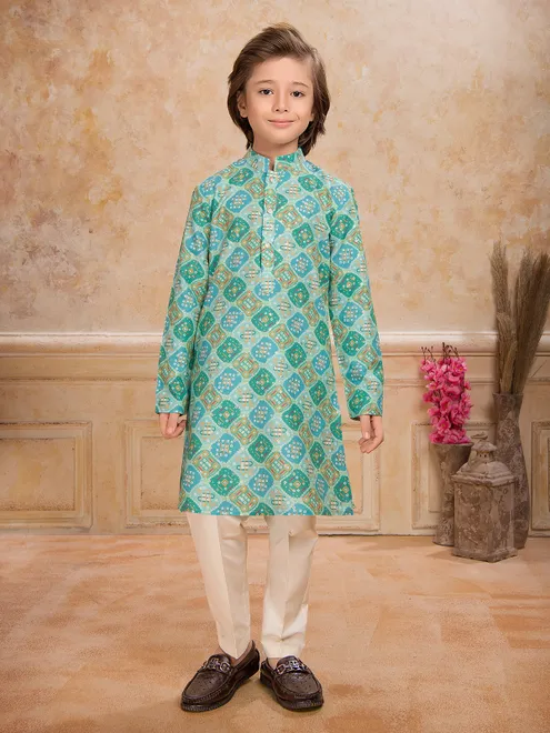Aqua printed cotton silk kurta suit for festive celebration