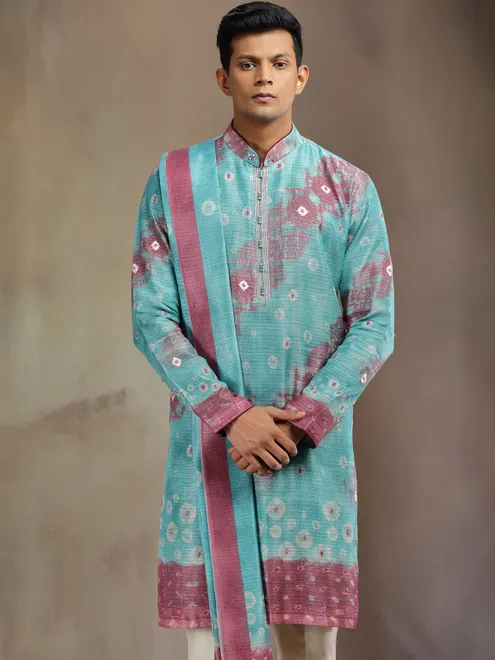 Aqua printed boho silk kurta pajama with dupatta