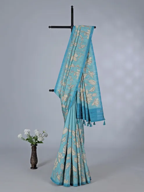 Aqua printed semi tusser silk saree with resham highlights