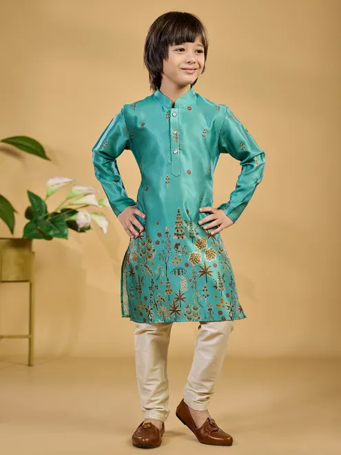 Aqua printed silk kurta suit for boys