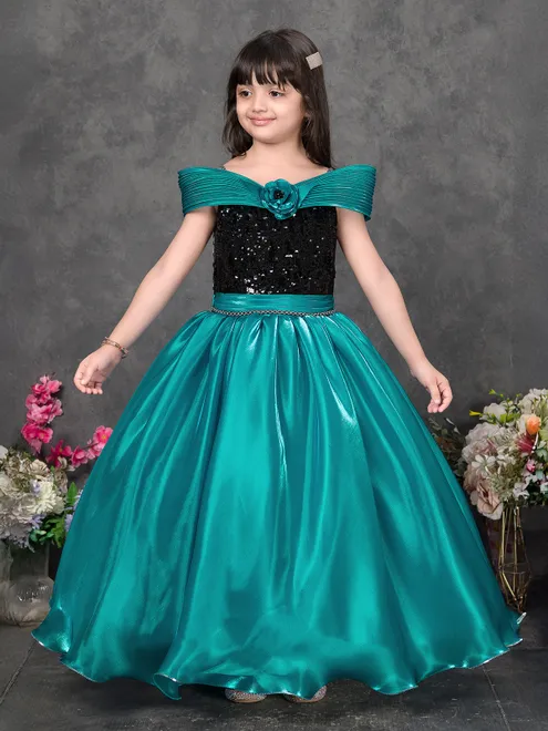 Aqua satin silk designer gown with pearls