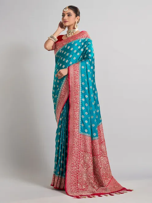 Aqua satin silk saree with festive contrast border design