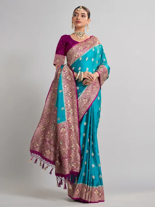 Aqua satin silk saree with traditional gota and zari work
