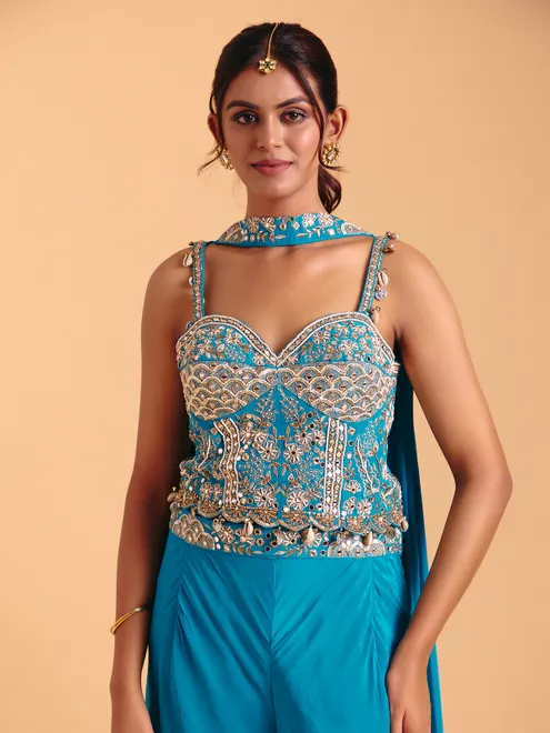 Aqua blue satin silk sleeveless palazzo suit with dupatta