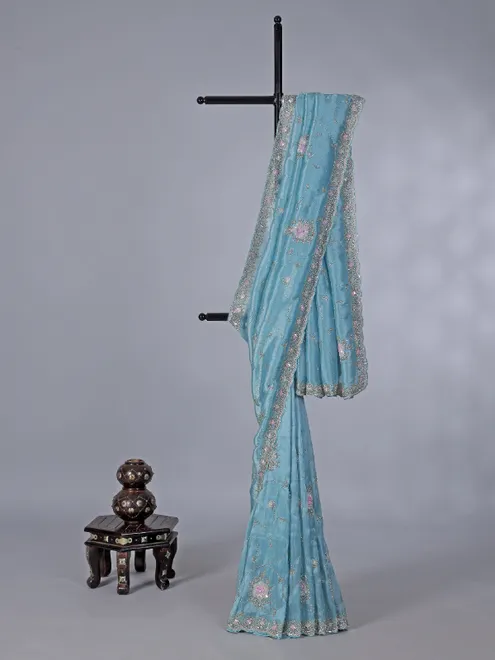 Aqua semi tissue silk saree with diamond accents