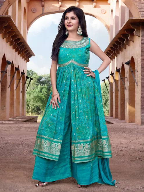 Aqua silk bandhej print cutdana palazzo suit with dupatta