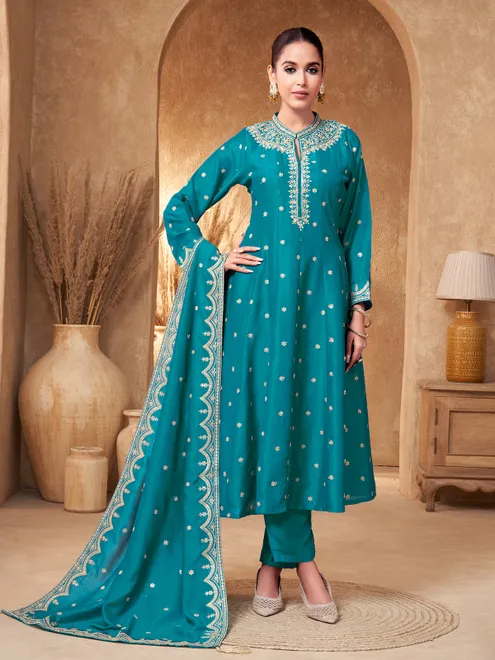 Aqua silk collar neck anarkali suit