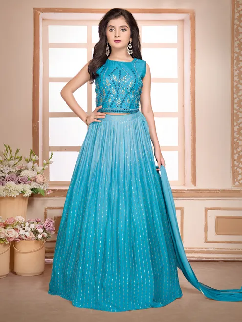 Aqua silk embroidered lehenga choli with dupatta