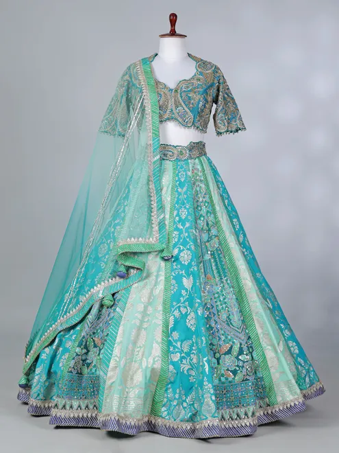 Aqua silk embroidered zardosi lehenga choli